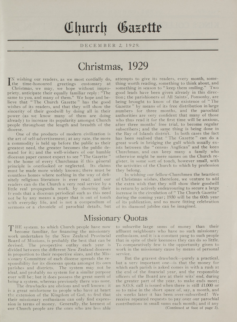 Church Gazette, Auckland: December 1929