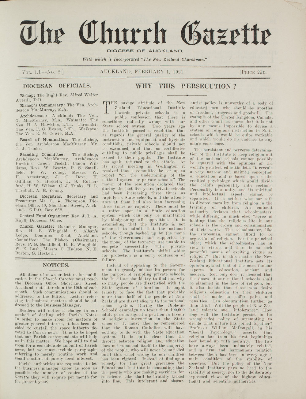 Church Gazette, Auckland: February 1921