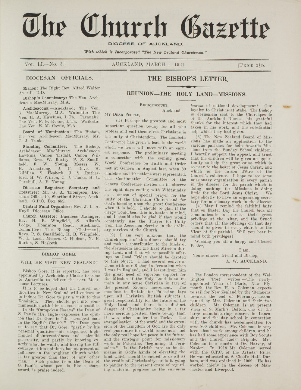 Church Gazette, Auckland: March 1921