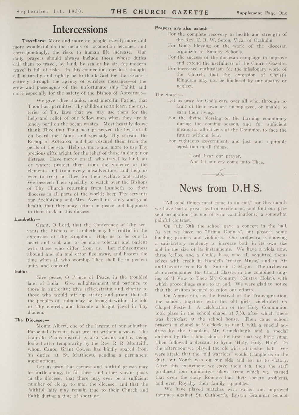 Church Gazette, Auckland: September 1930 Supplement