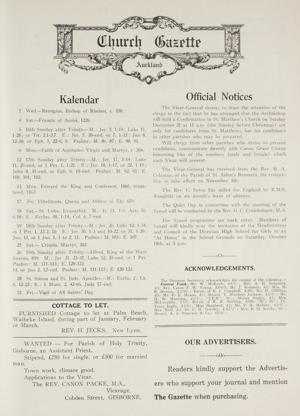 Church Gazette, Auckland: October 1930