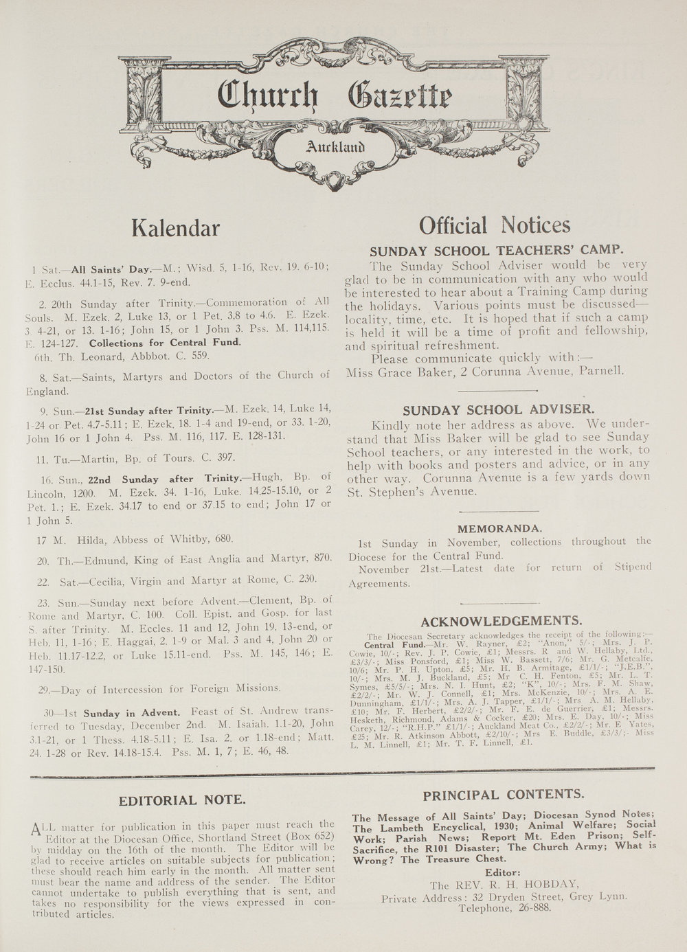 Church Gazette, Auckland: November 1930
