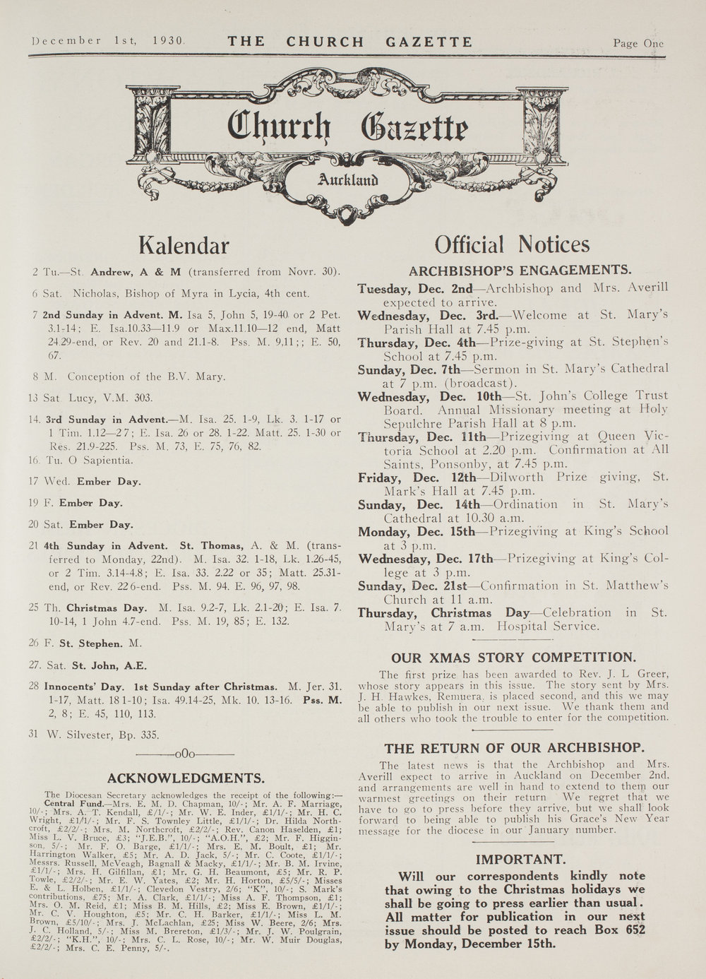 Church Gazette, Auckland: December 1930