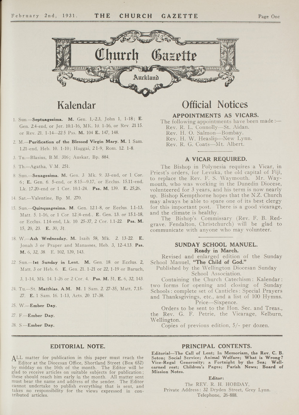 Church Gazette, Auckland: February 1931