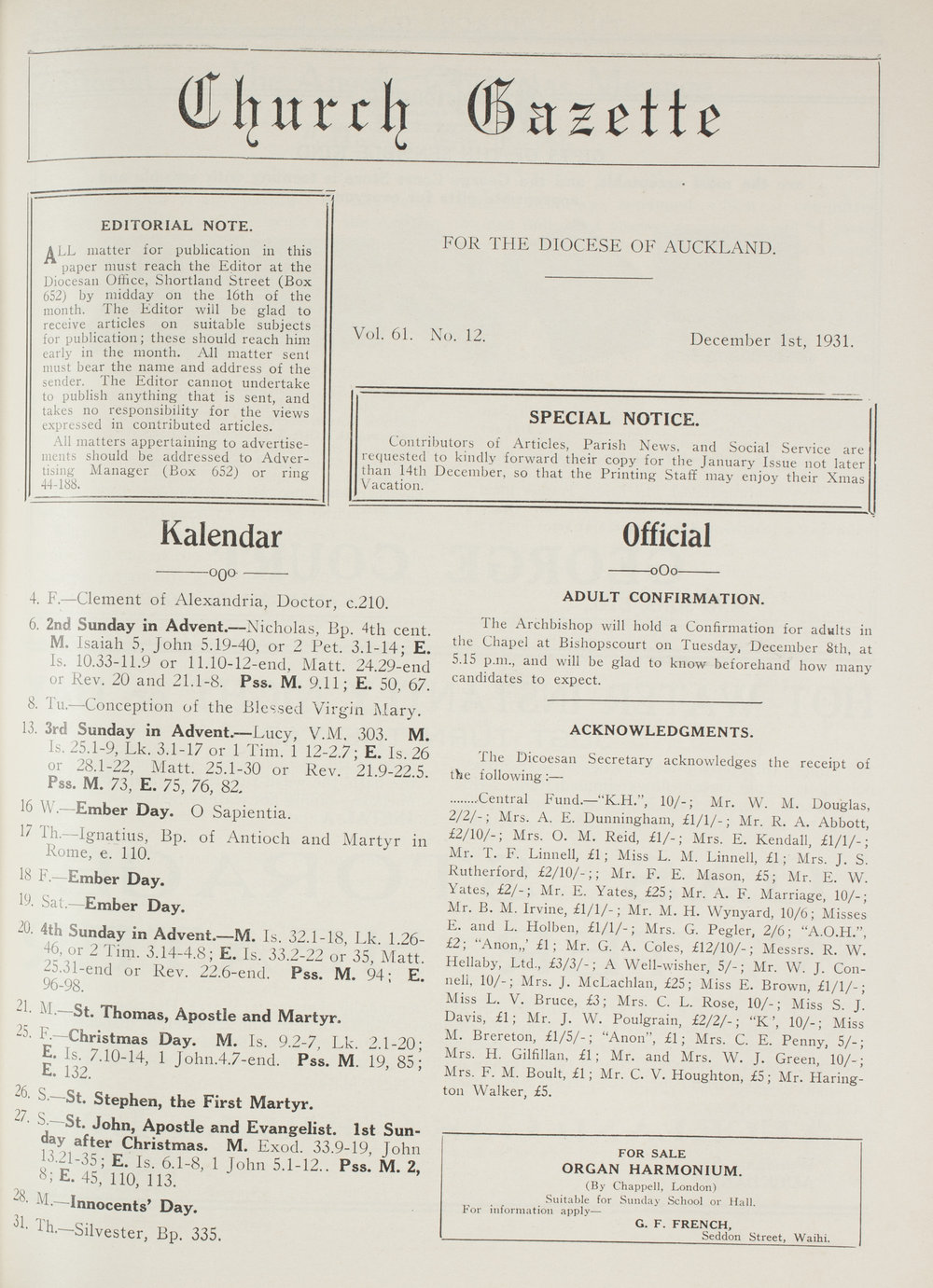 Church Gazette, Auckland: December 1931