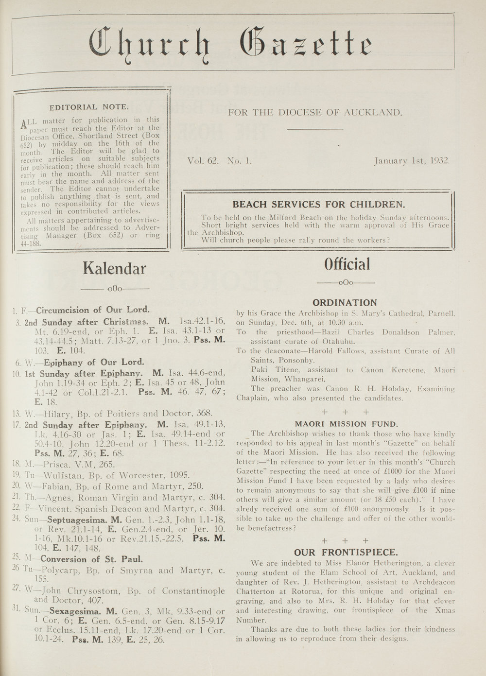Church Gazette, Auckland: January 1932