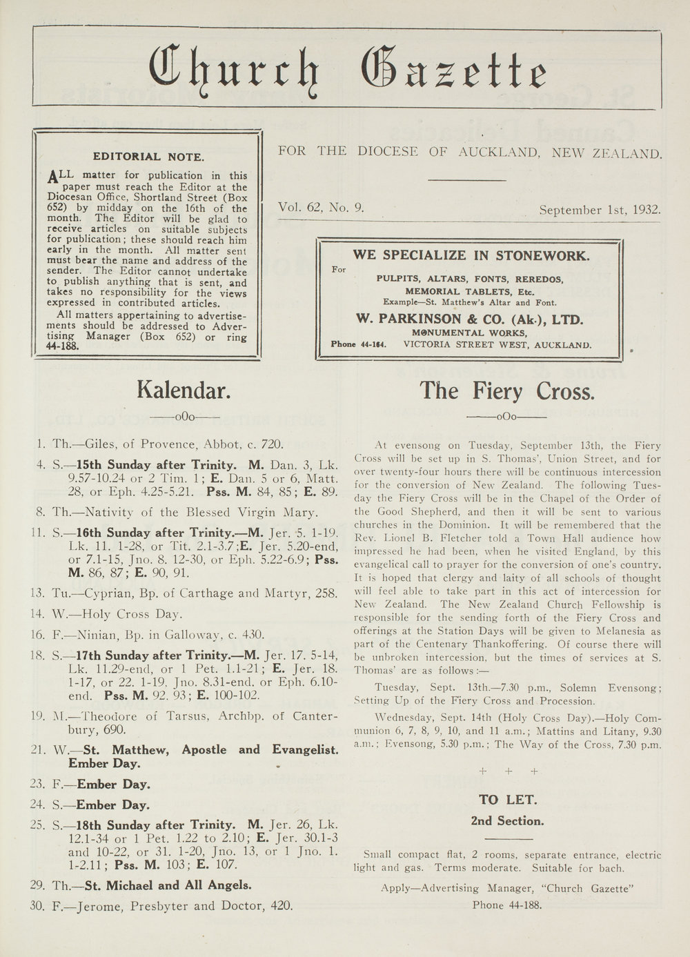 Church Gazette, Auckland: September 1932