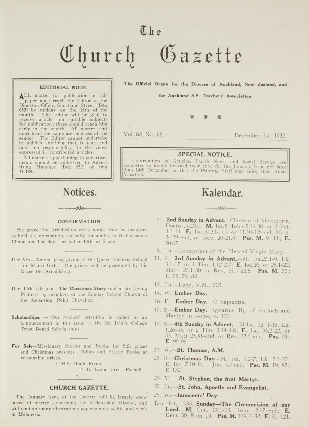 Church Gazette, Auckland: December 1932
