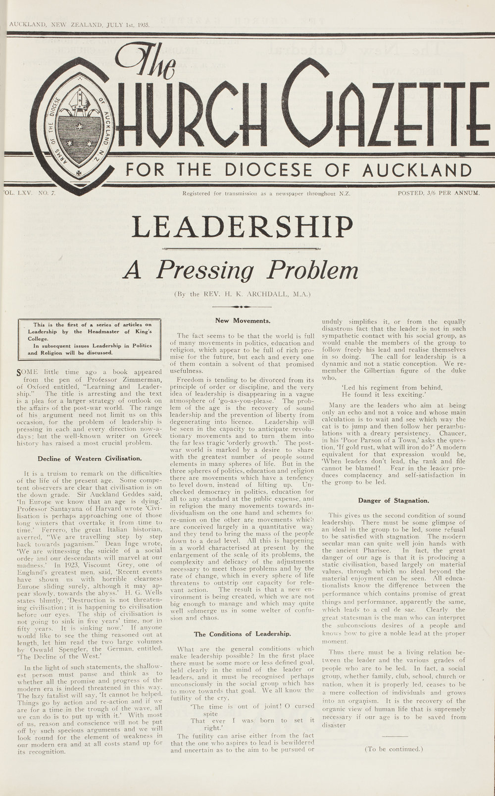 Church Gazette, Auckland: July 1935