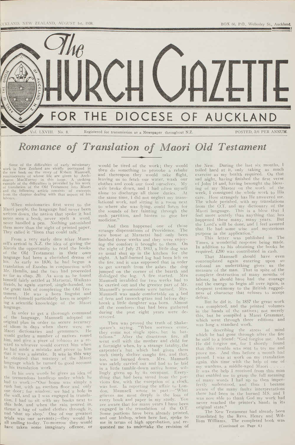 Church Gazette, Auckland: August 1938