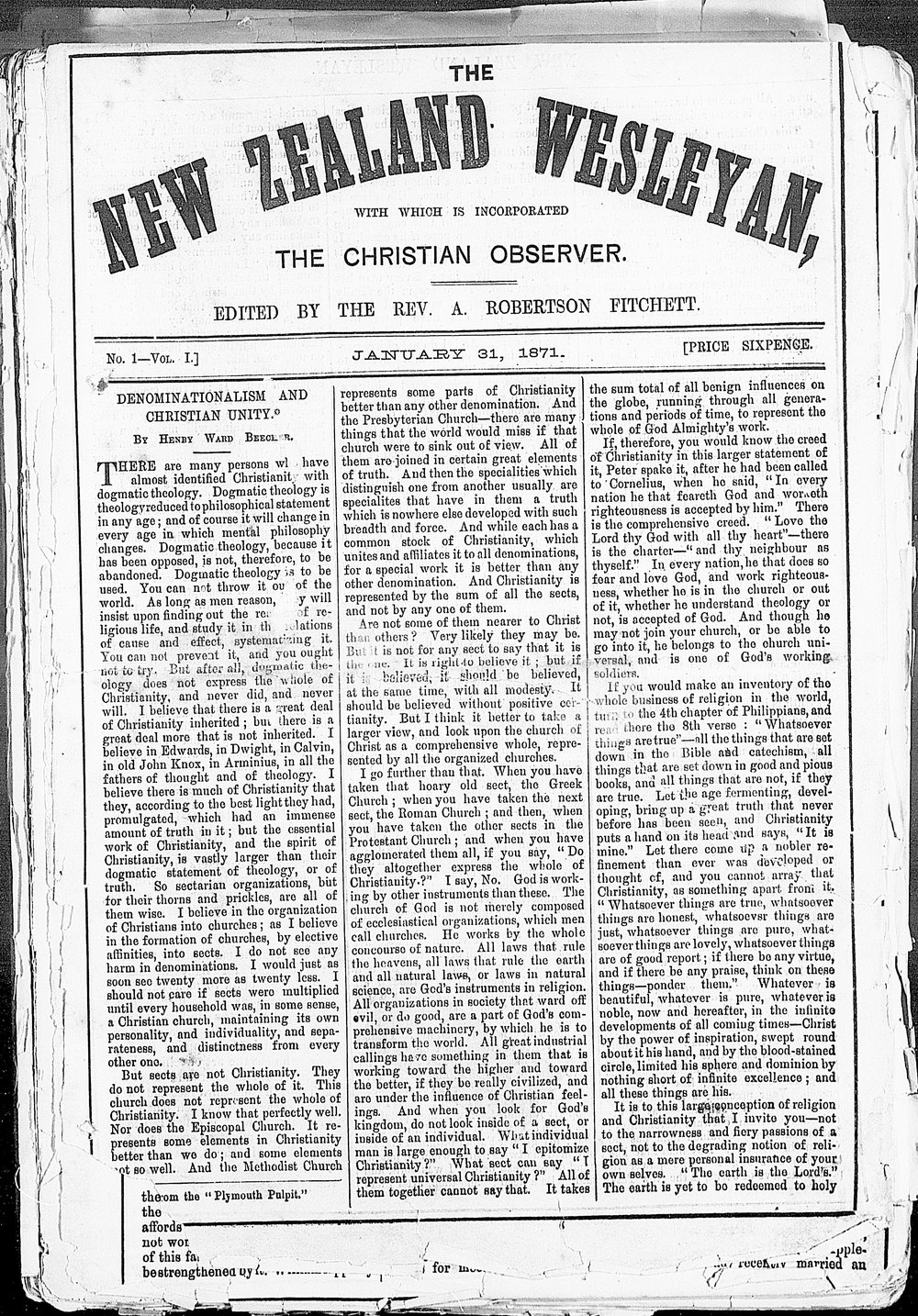The New Zealand Wesleyan: 31st January 1871