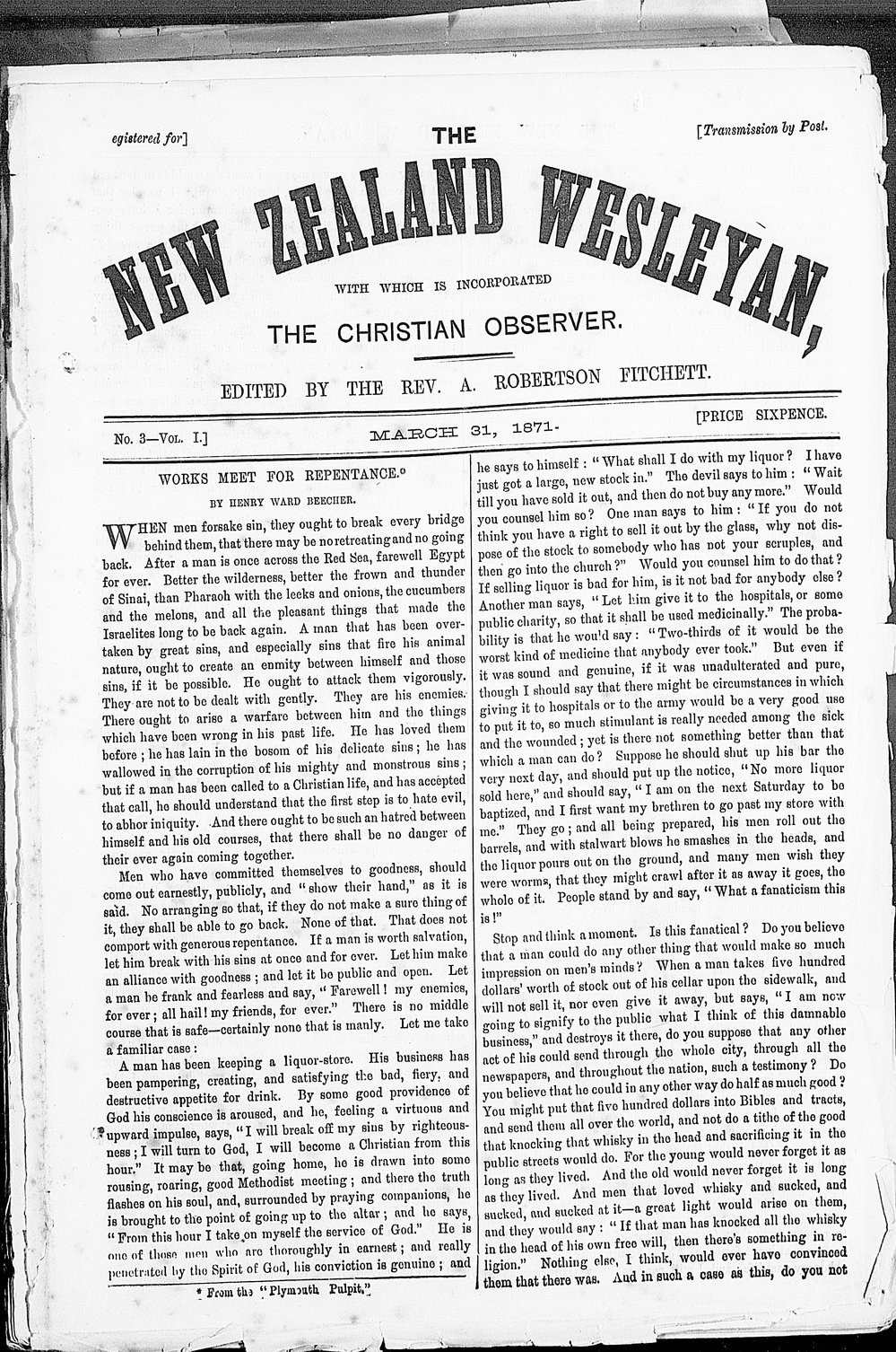 The New Zealand Wesleyan: 31st March 1871
