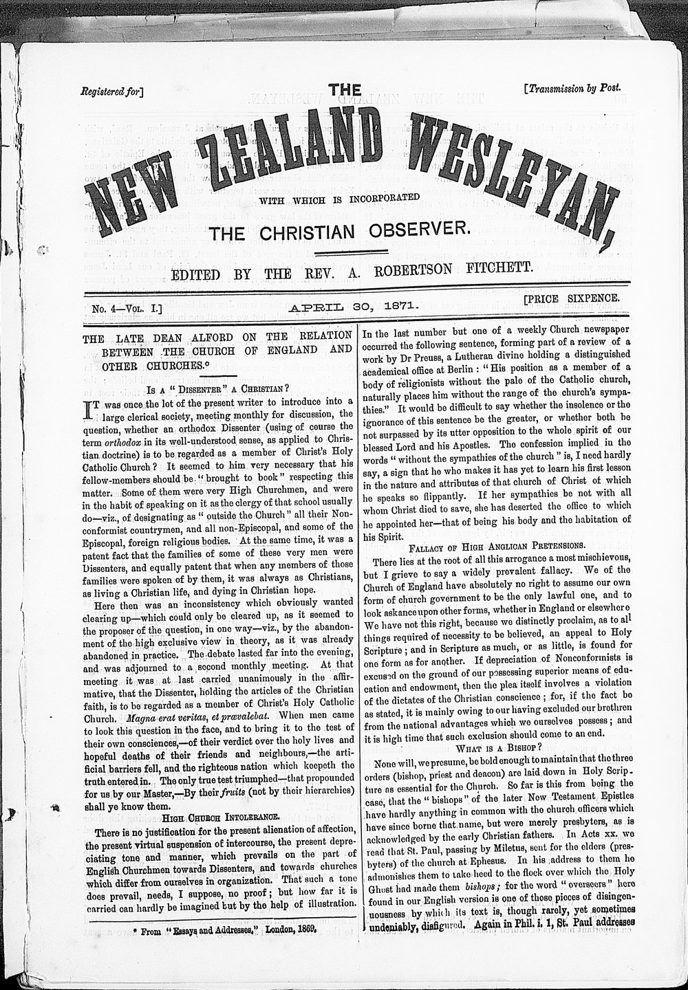 The New Zealand Wesleyan: 30th April 1871