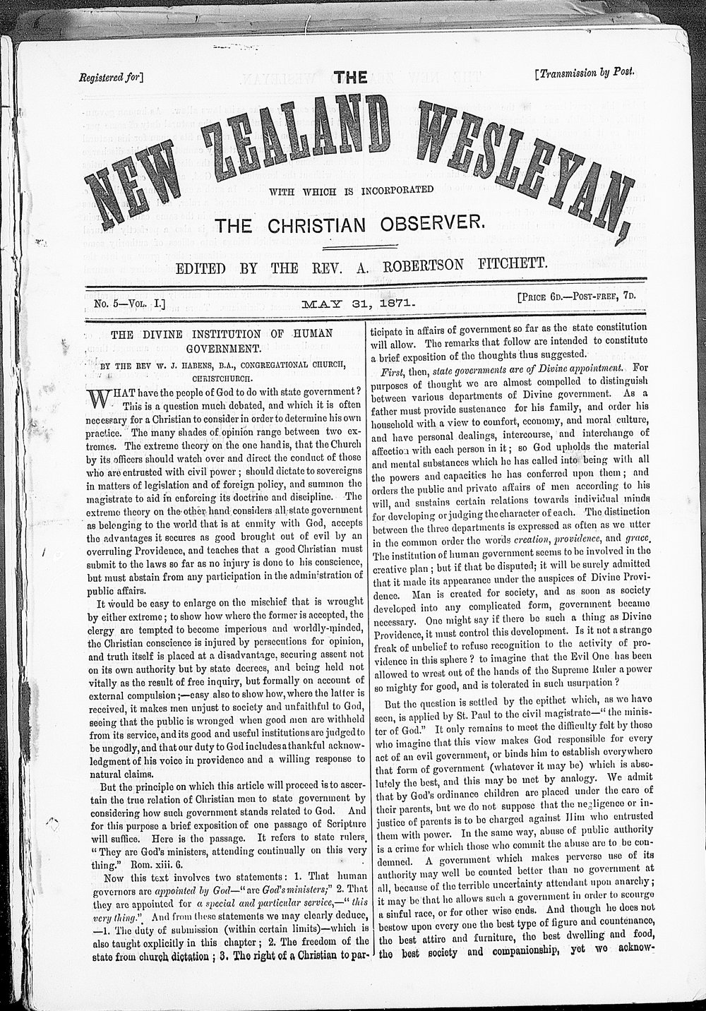The New Zealand Wesleyan: 31st May 1871