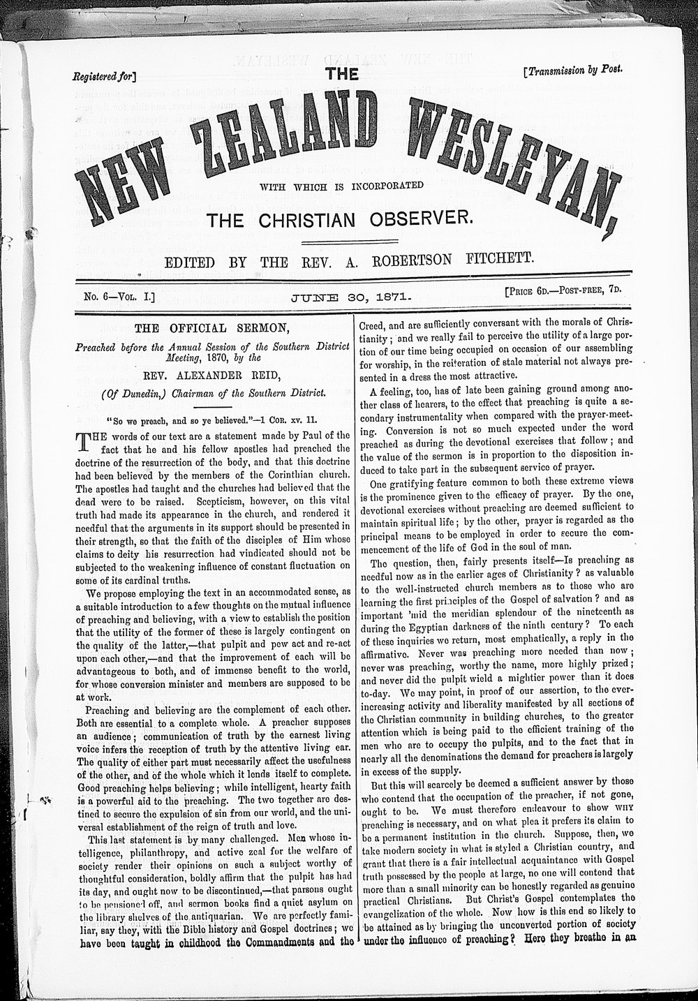 The New Zealand Wesleyan: 30th June 1871