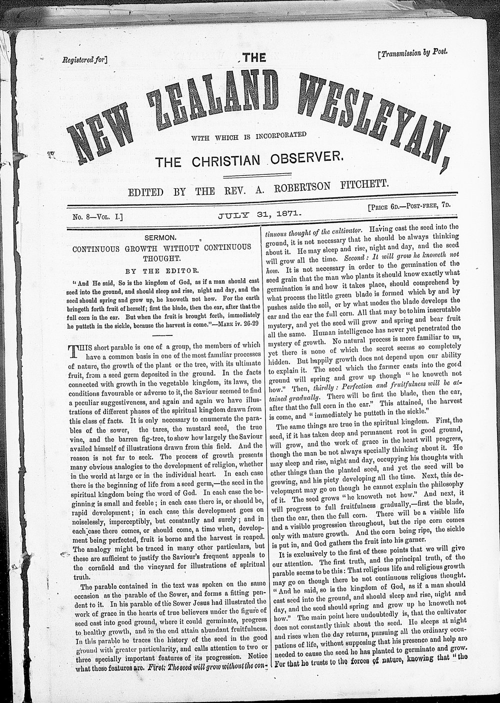 The New Zealand Wesleyan: 31st July 1871