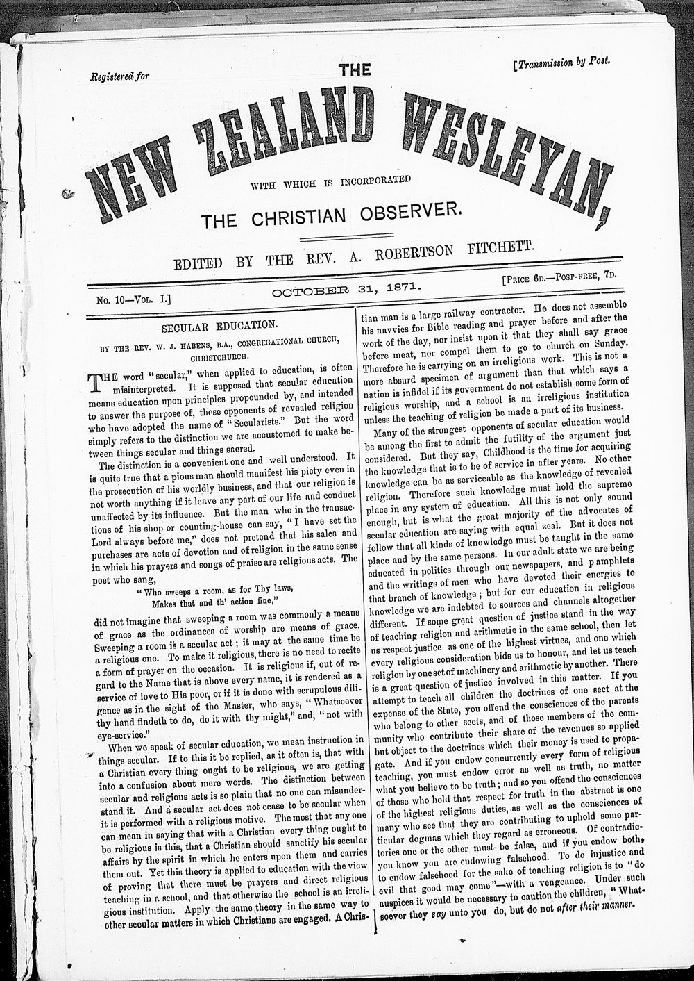The New Zealand Wesleyan: 31st October 1871