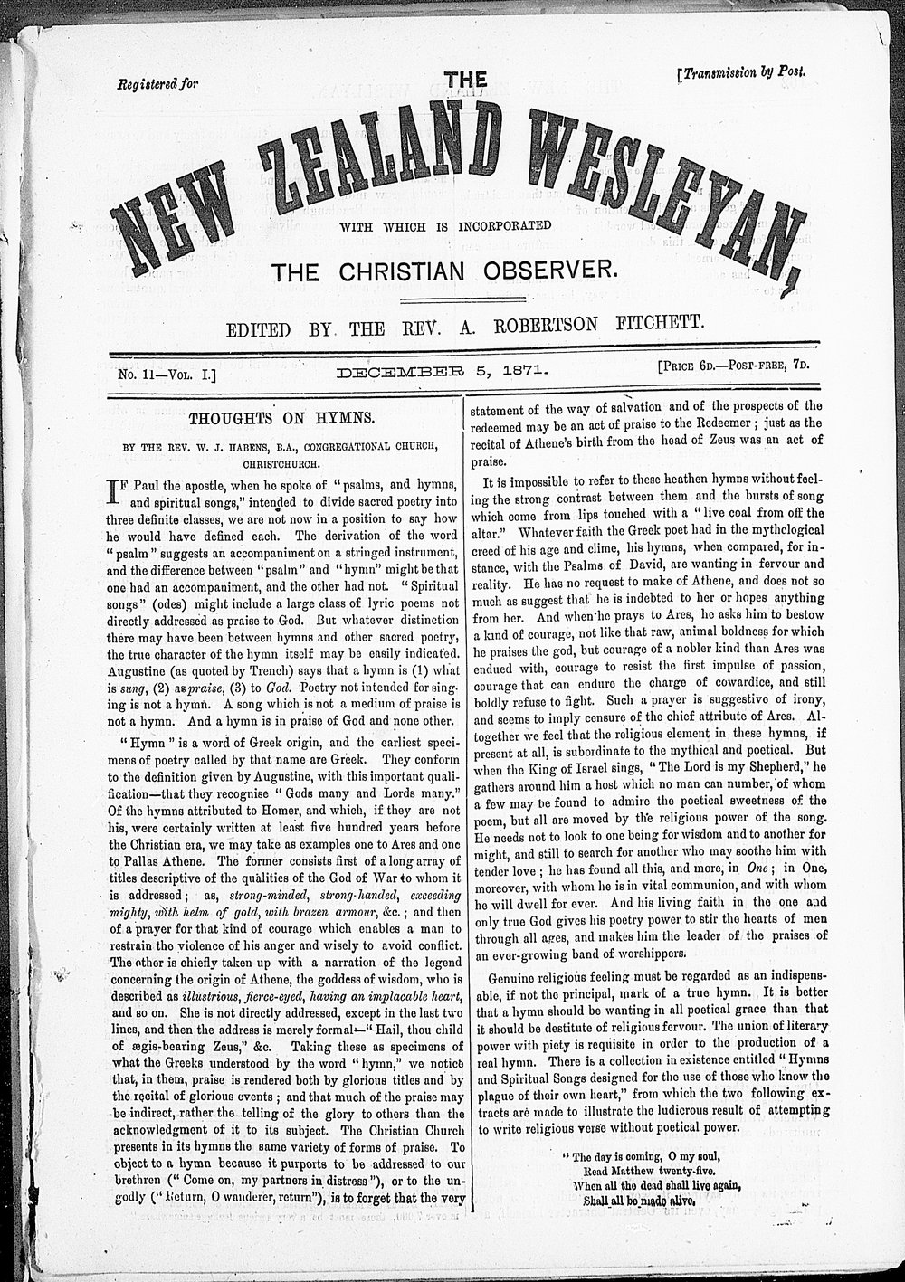 The New Zealand Wesleyan: 5th December 1871