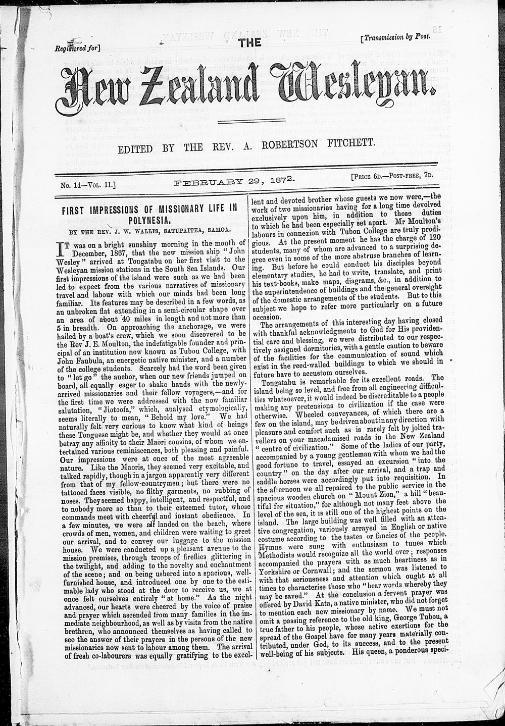 The New Zealand Wesleyan: 29th February 1872