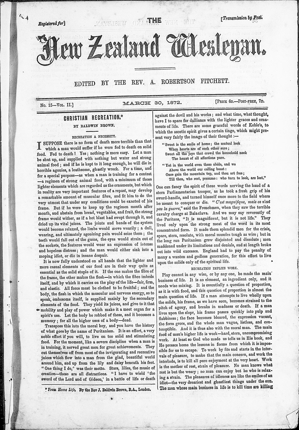 The New Zealand Wesleyan: 30th March 1872