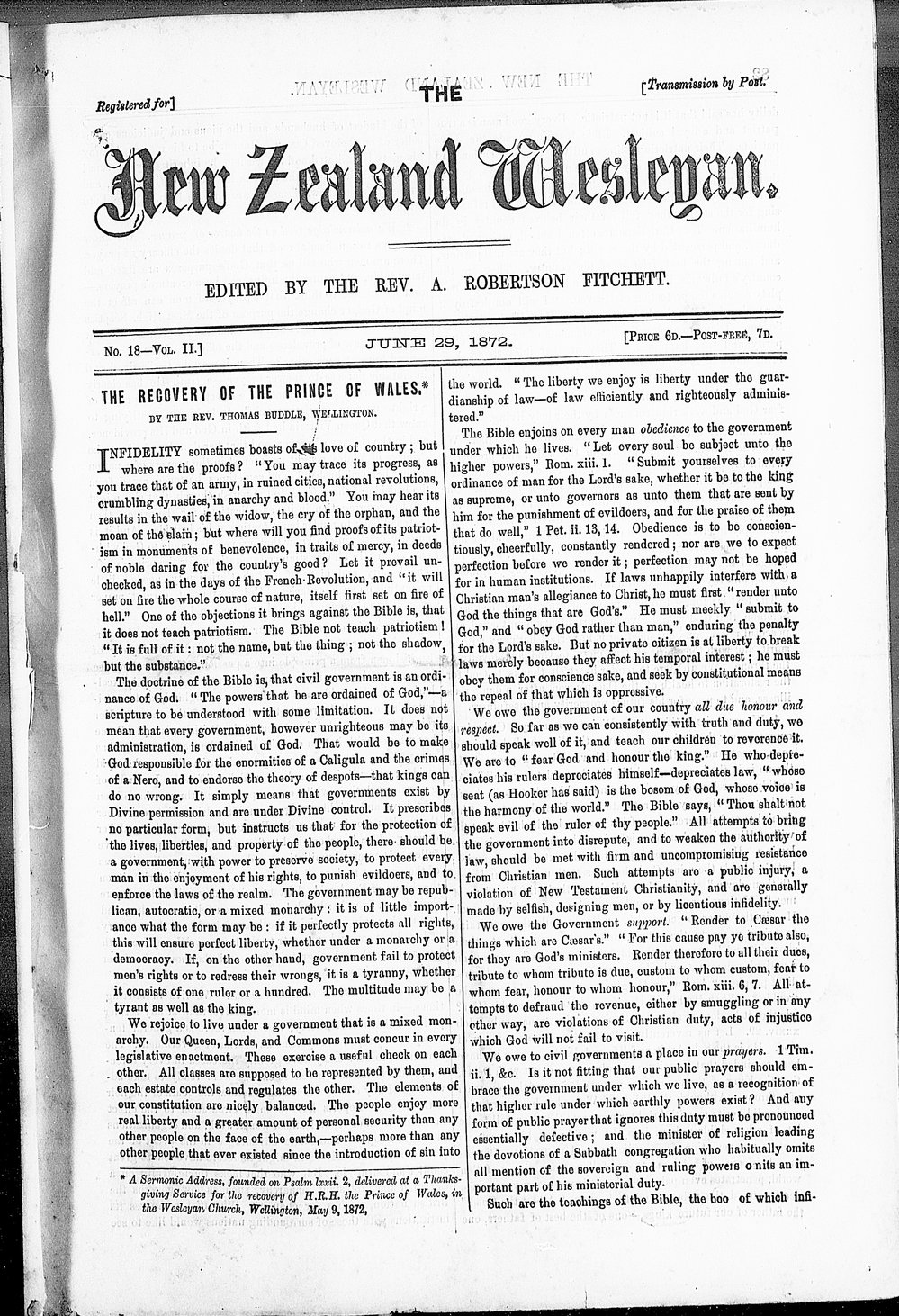 The New Zealand Wesleyan: 29th June 1872