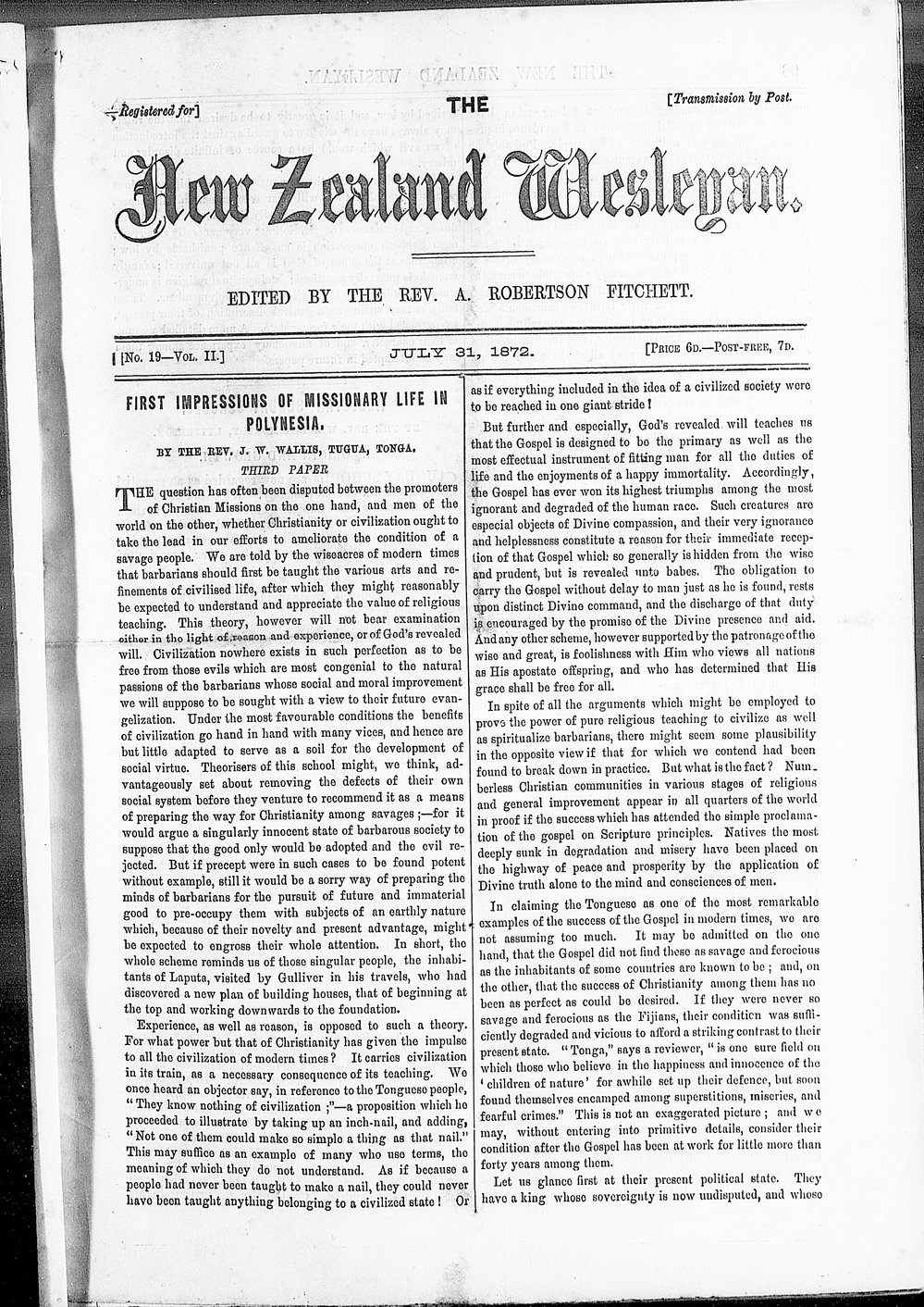 The New Zealand Wesleyan: 31st July 1872