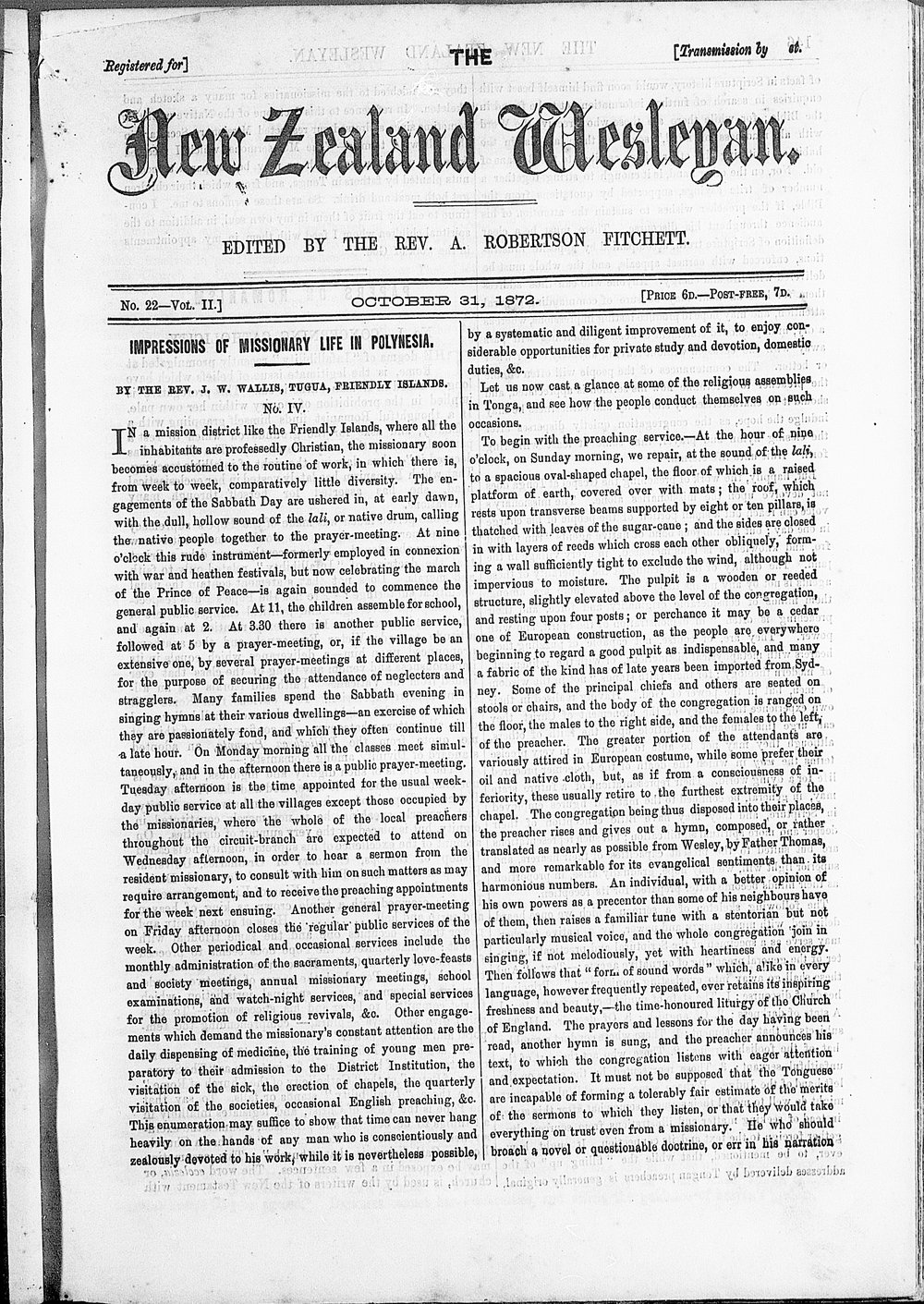 The New Zealand Wesleyan: 31st October 1872
