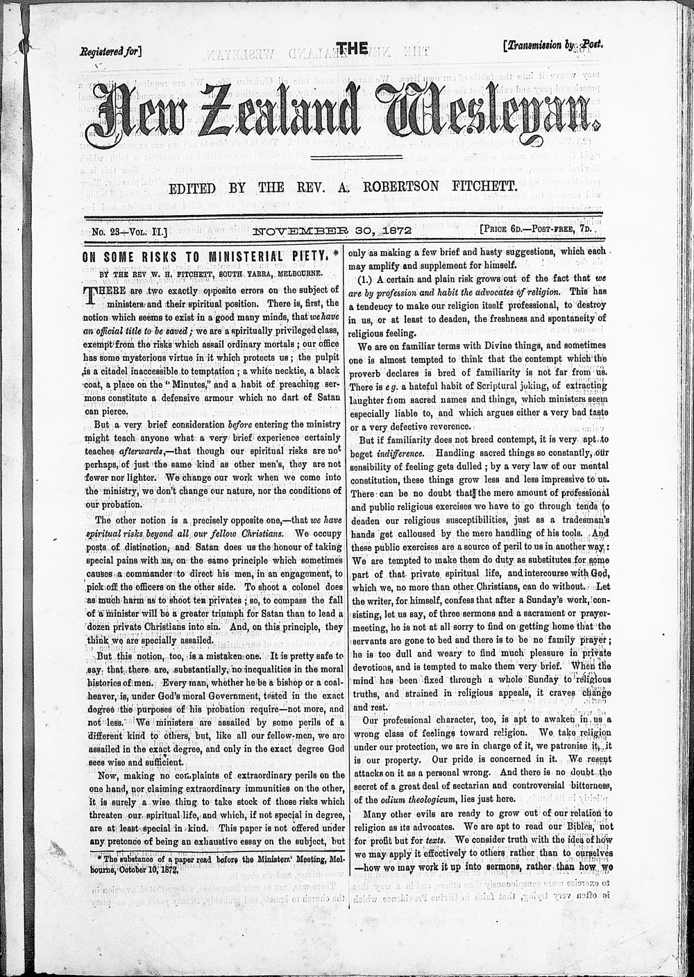 The New Zealand Wesleyan: 30th November 1872