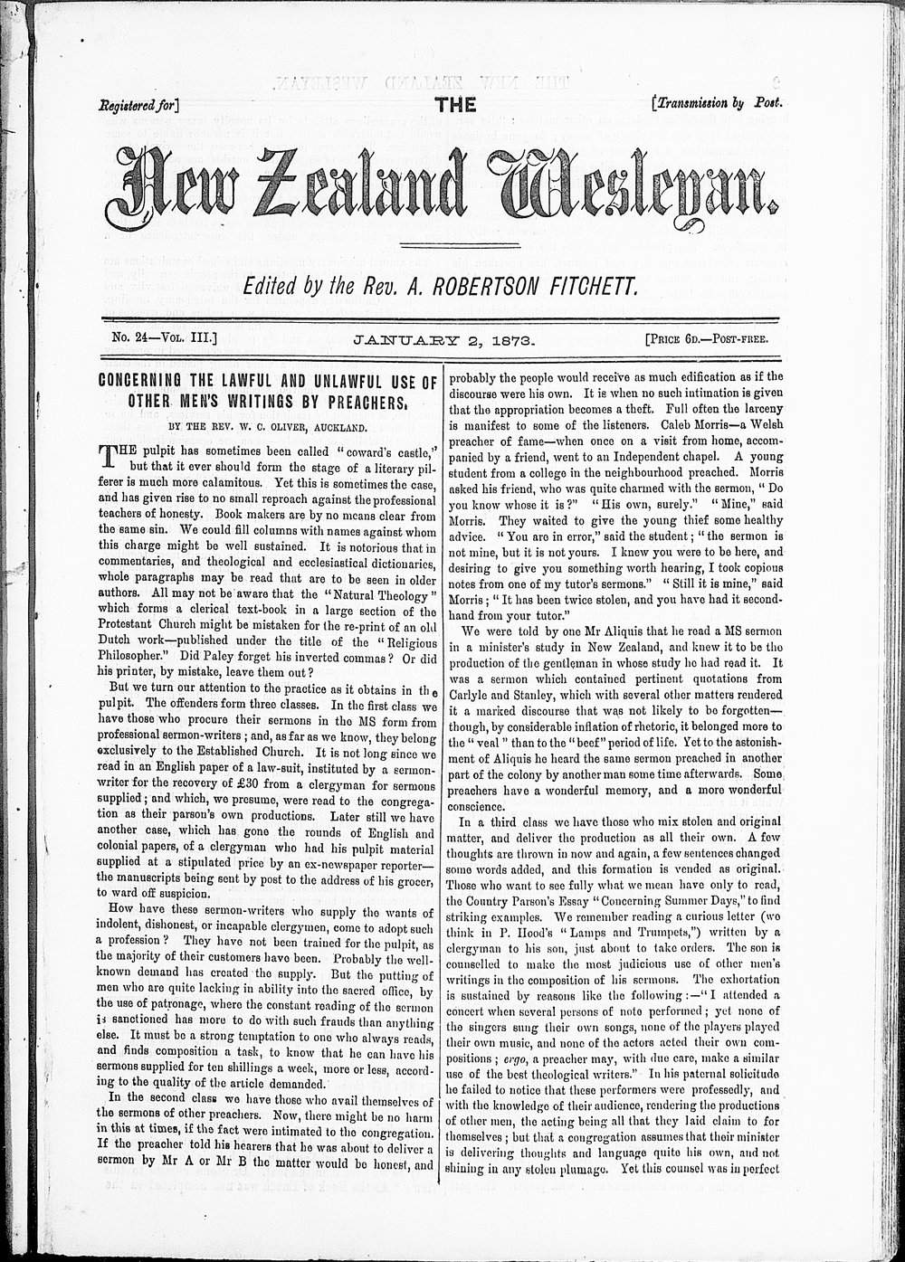 The New Zealand Wesleyan: 2nd January 1873