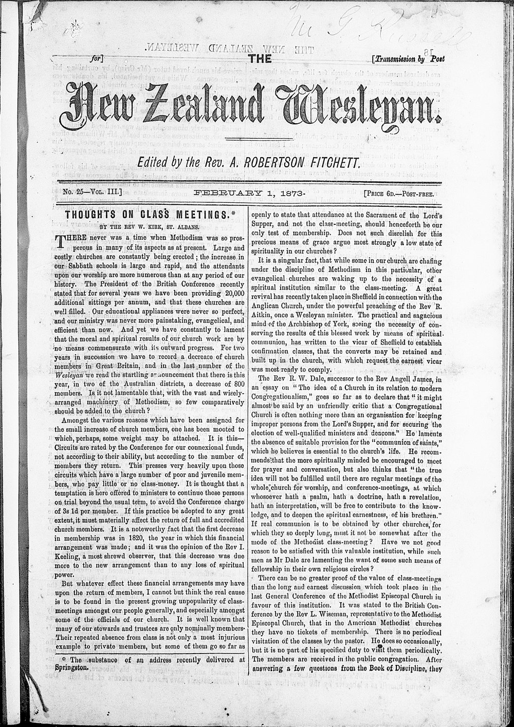 The New Zealand Wesleyan: 1st February 1873