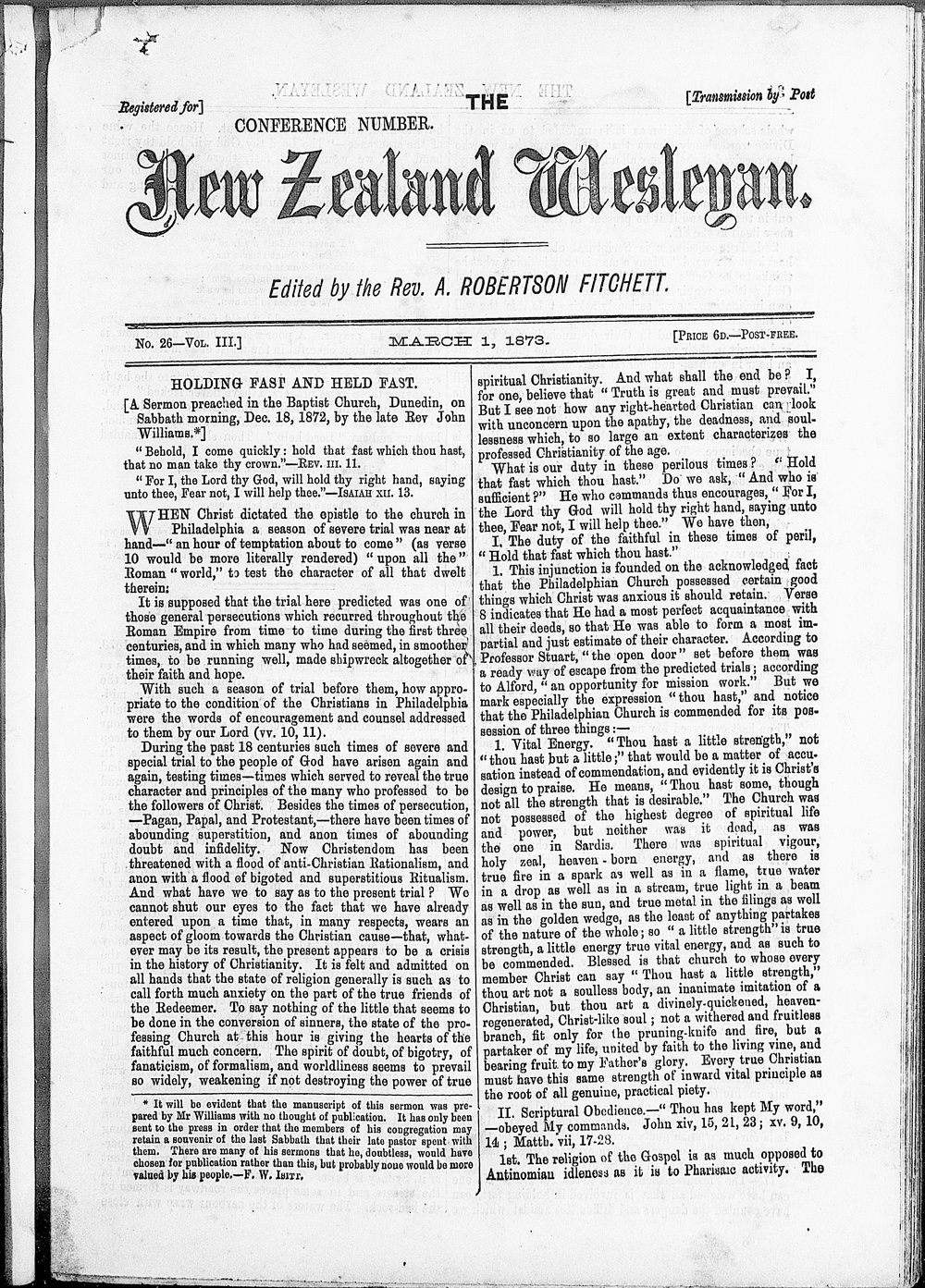 The New Zealand Wesleyan: 1st March 1873