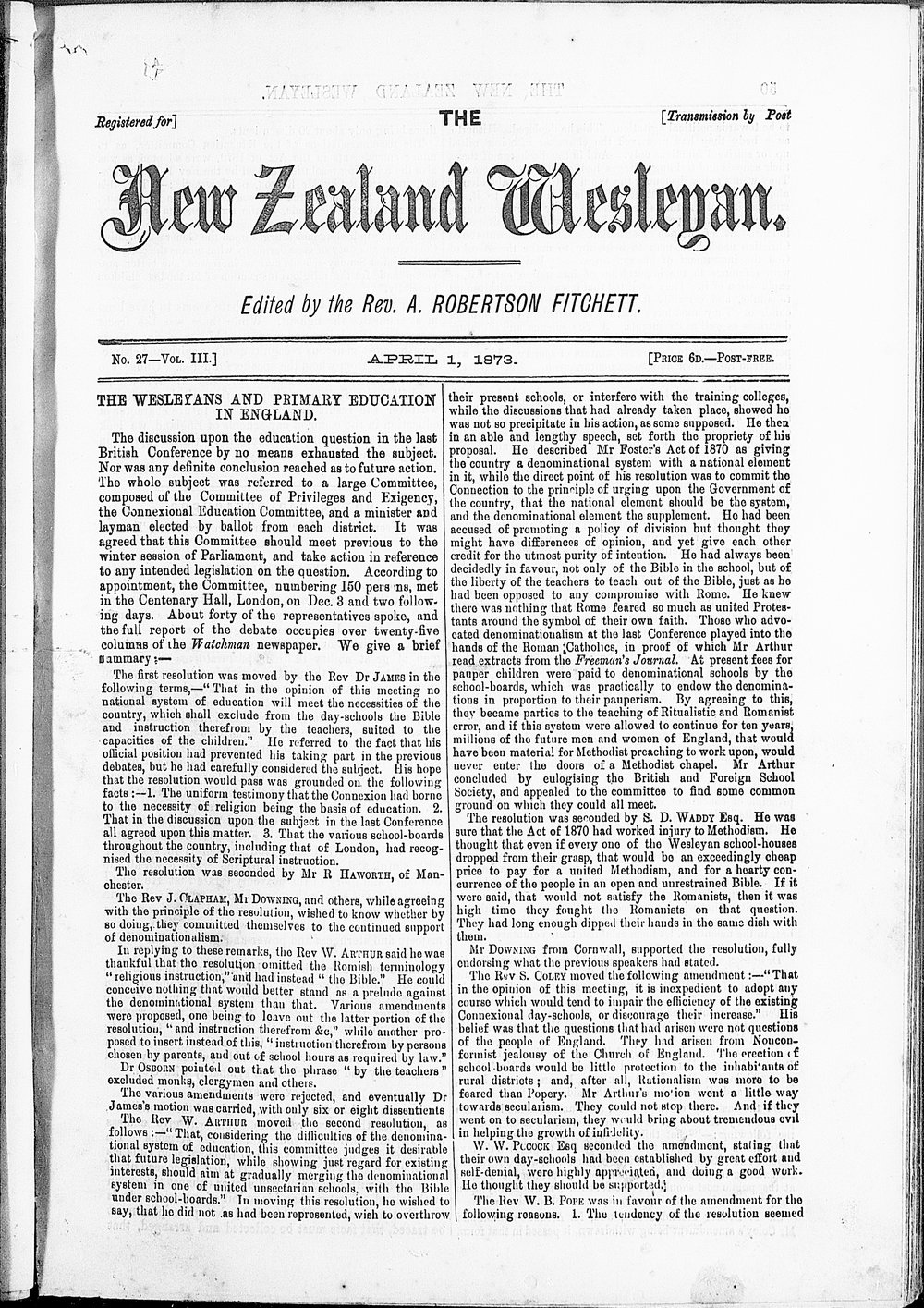 The New Zealand Wesleyan: 1st April 1873