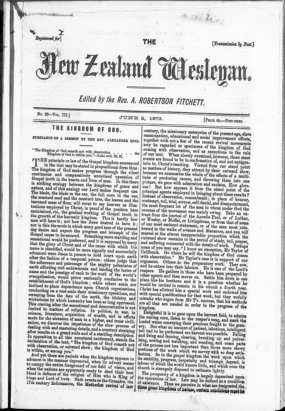 The New Zealand Wesleyan: 2nd June 1873