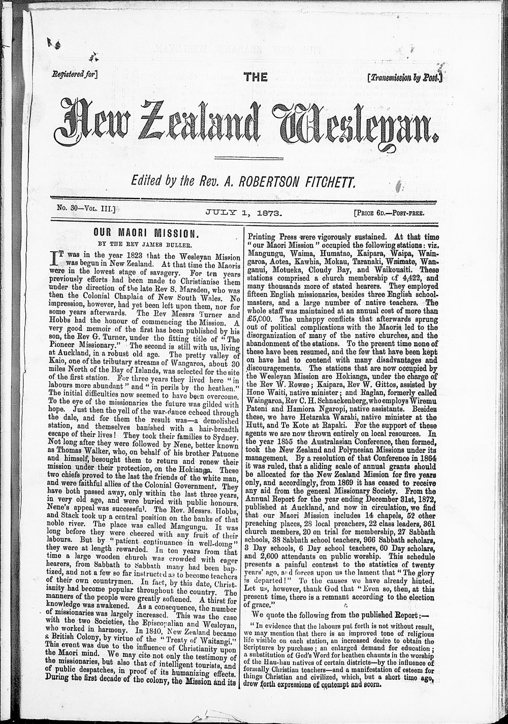 The New Zealand Wesleyan: 1st July 1873