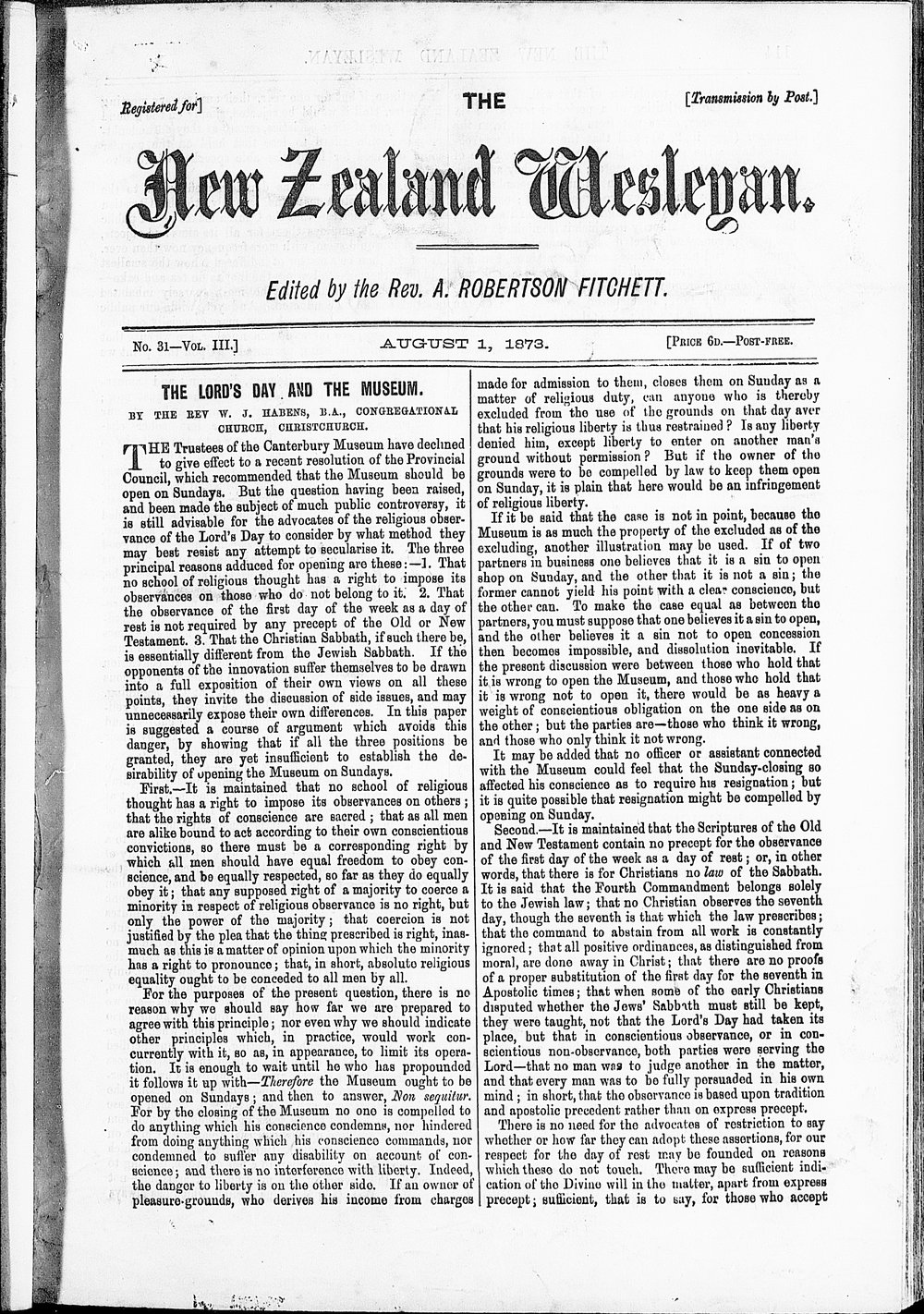 The New Zealand Wesleyan: 1st August 1873