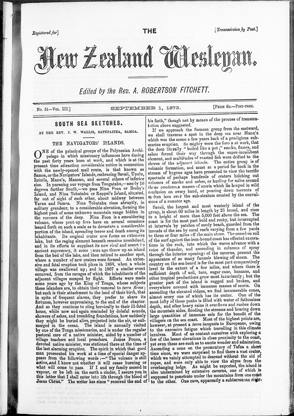 The New Zealand Wesleyan: 1st September 1873