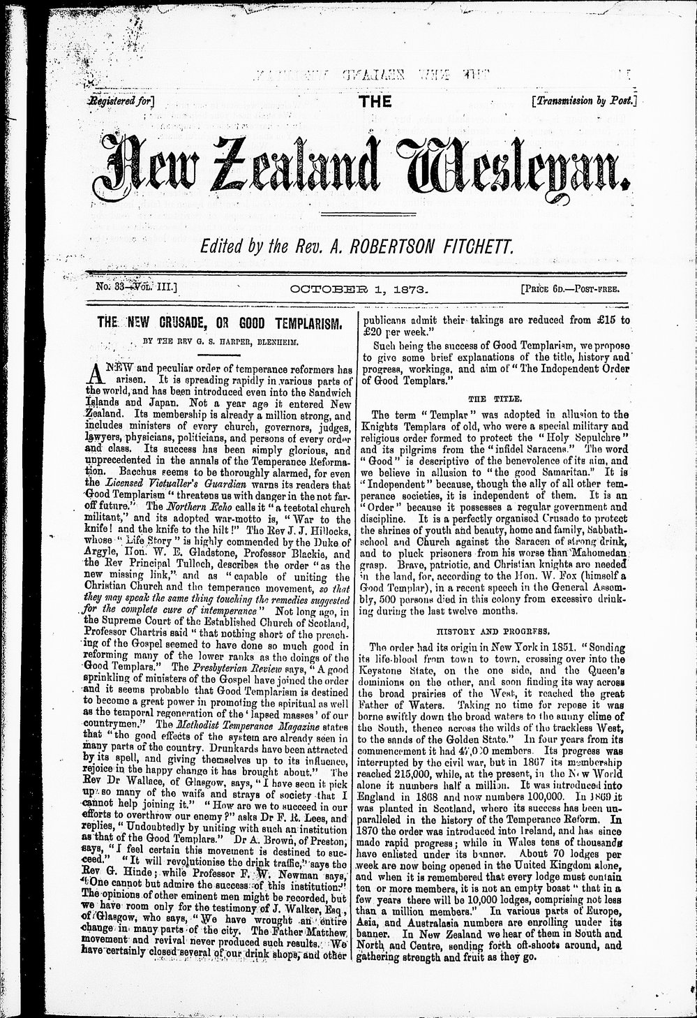 The New Zealand Wesleyan: 1st October 1873