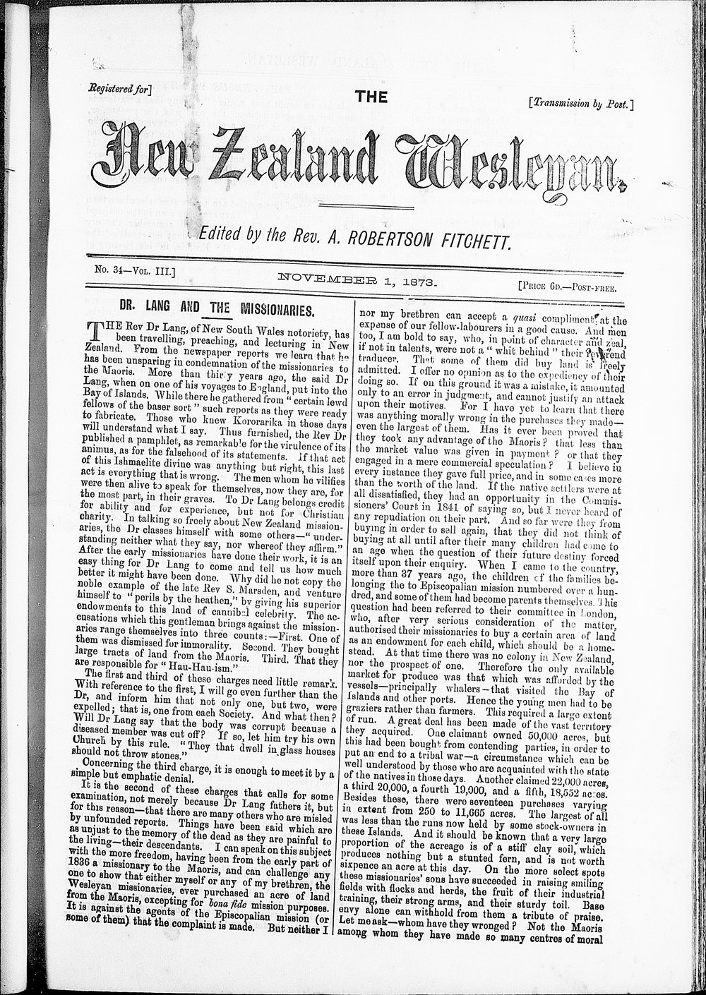 The New Zealand Wesleyan: 1st November 1873