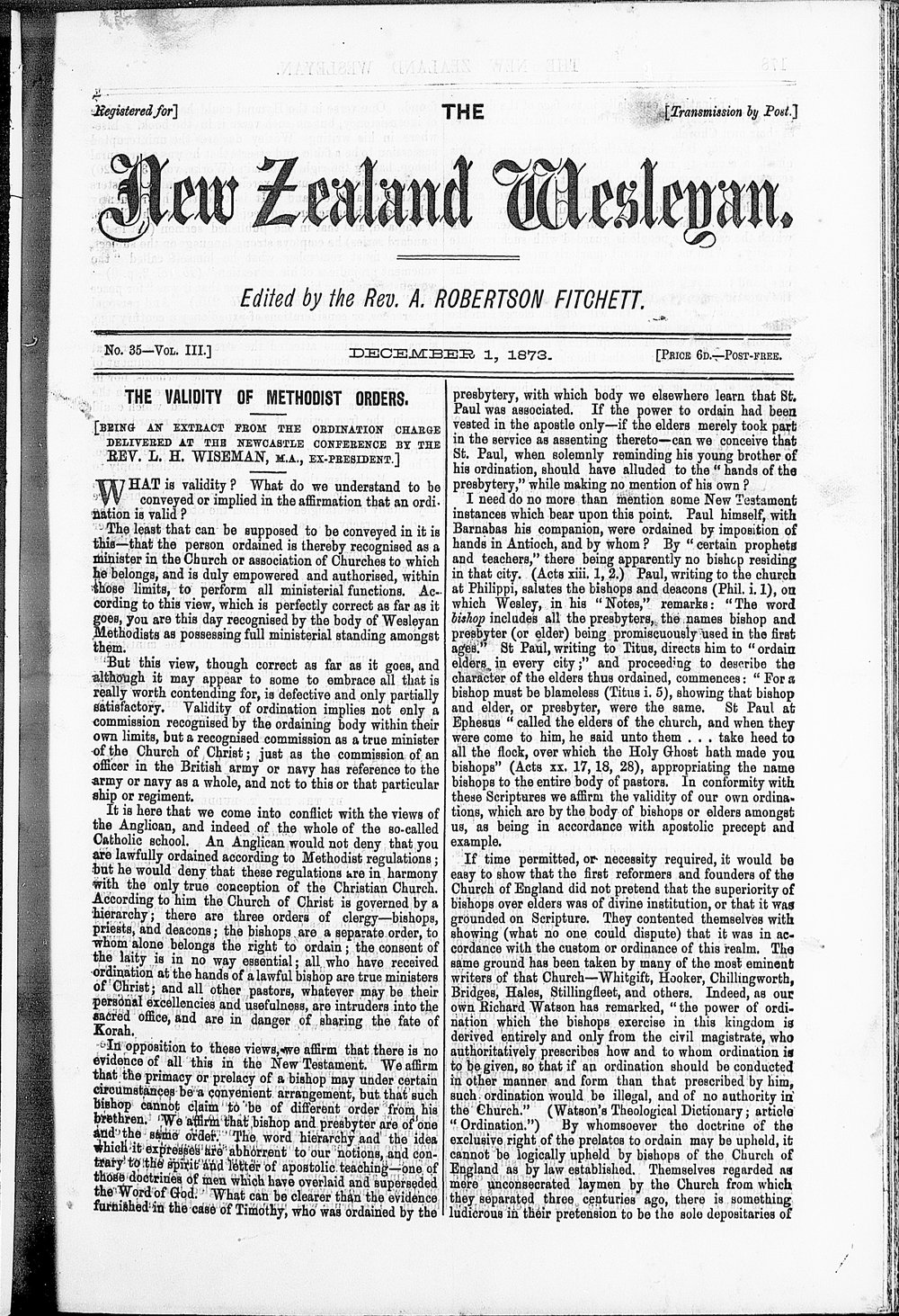 The New Zealand Wesleyan: 1st December 1873