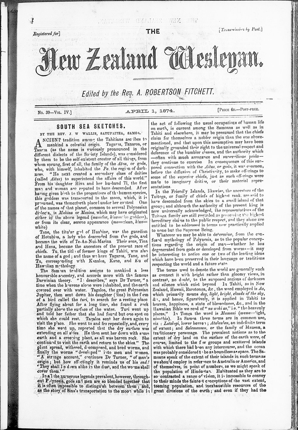 The New Zealand Wesleyan: 1st April 1874