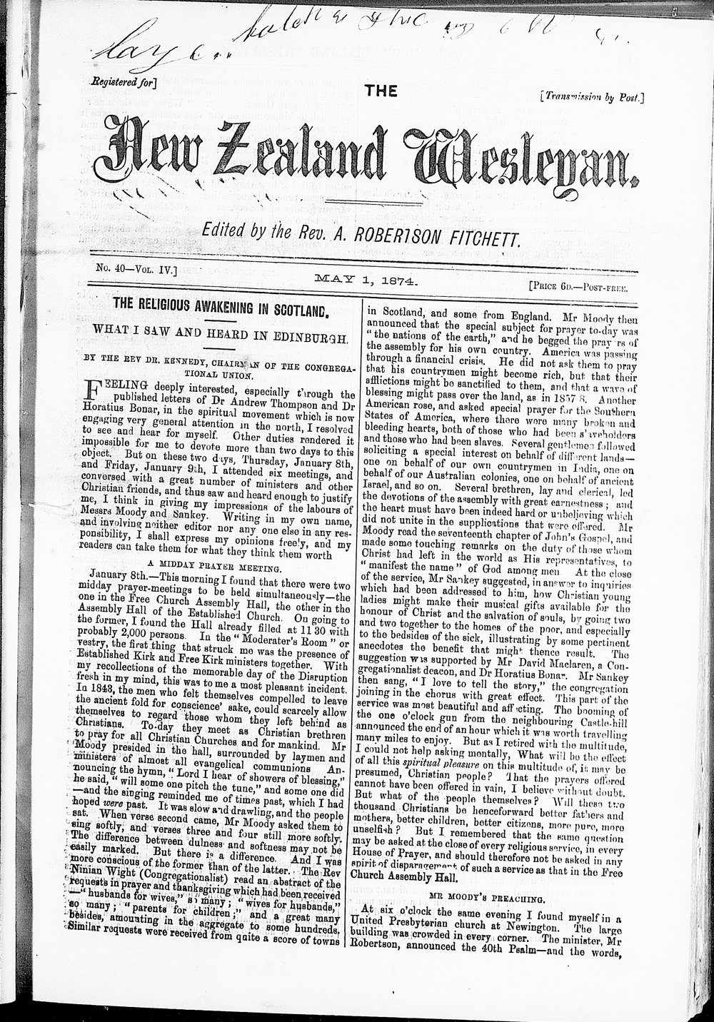The New Zealand Wesleyan: 1st May 1874