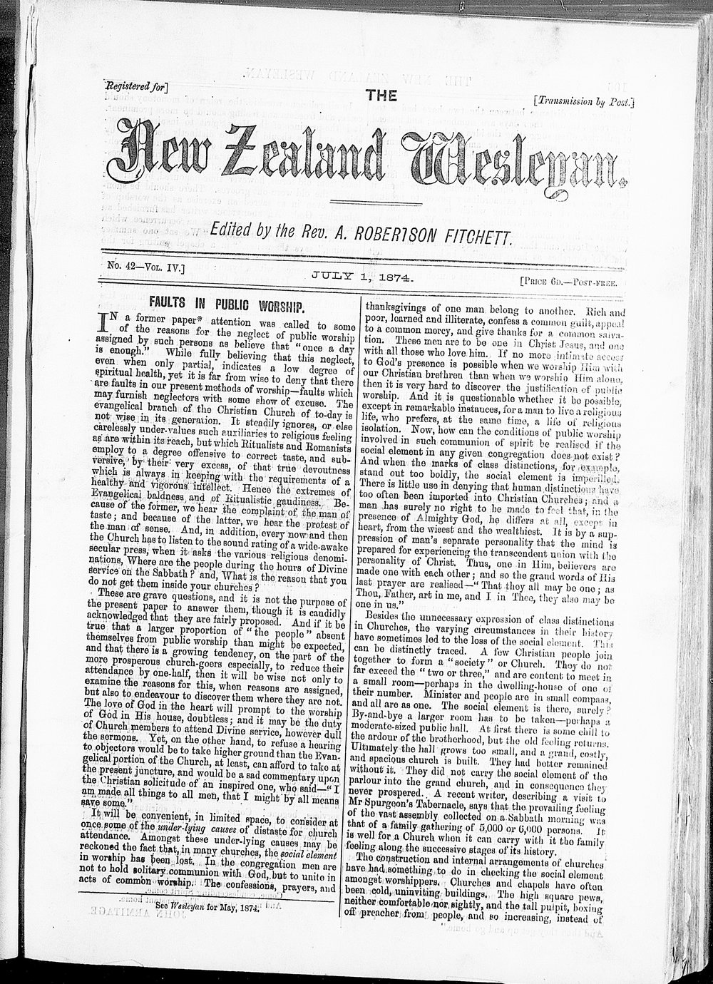 The New Zealand Wesleyan: 1st July 1874