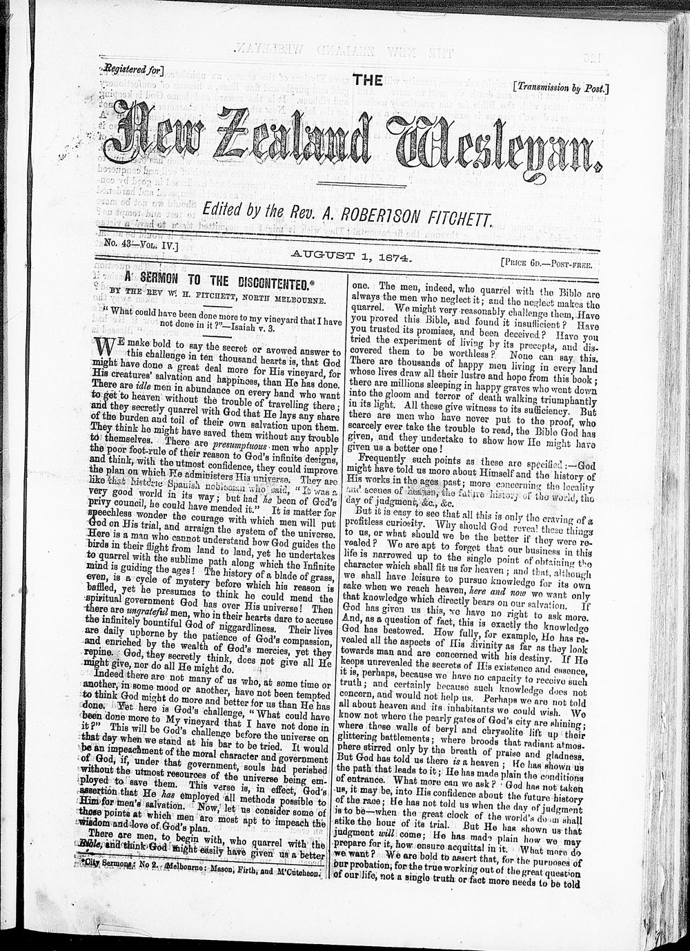 The New Zealand Wesleyan: 1st August 1874