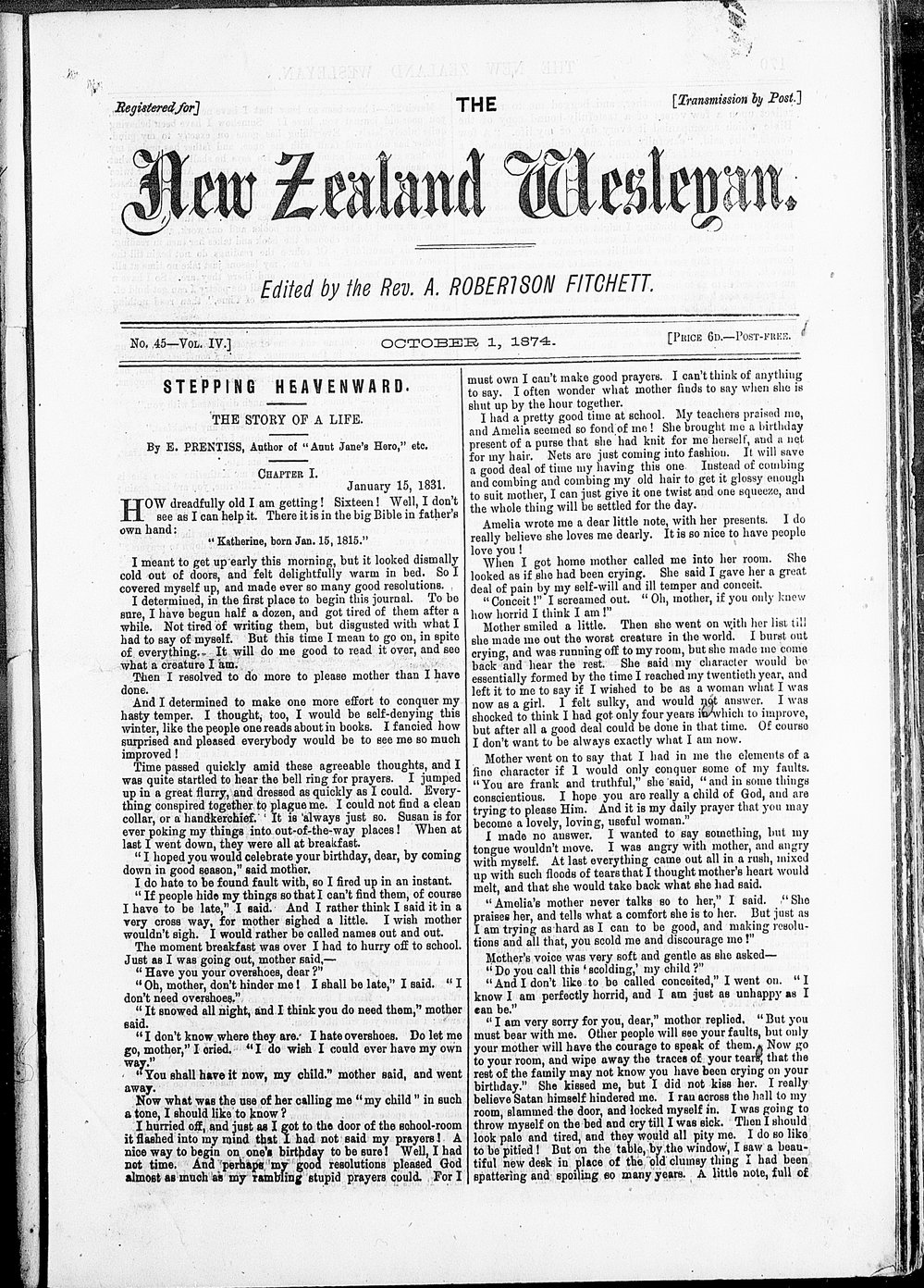 The New Zealand Wesleyan: 1st October 1874