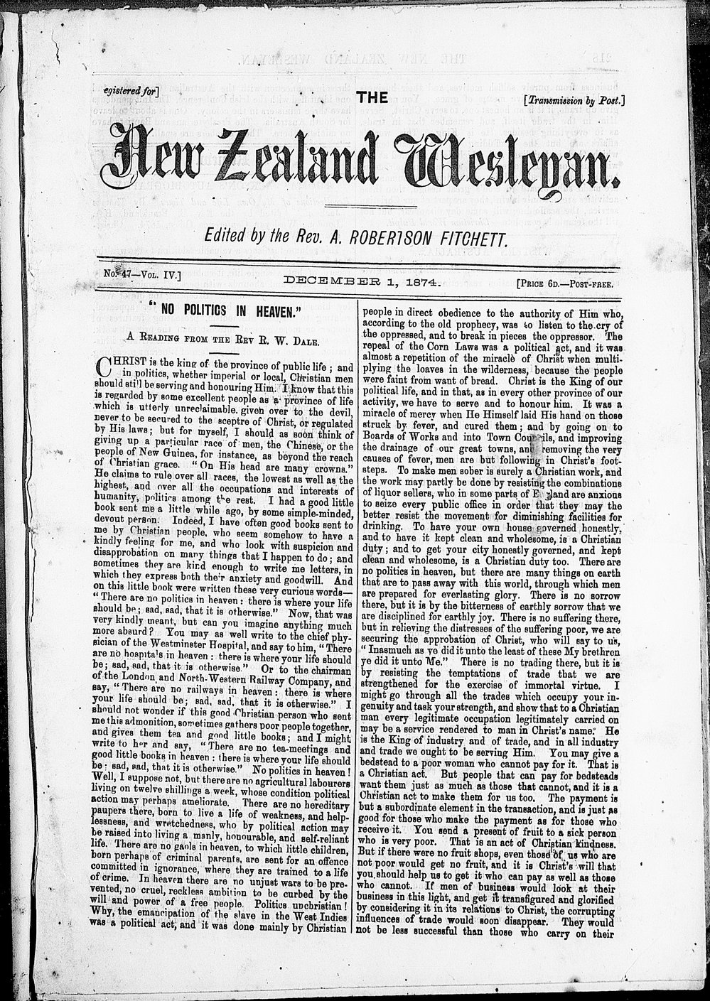 The New Zealand Wesleyan: 1st December 1874