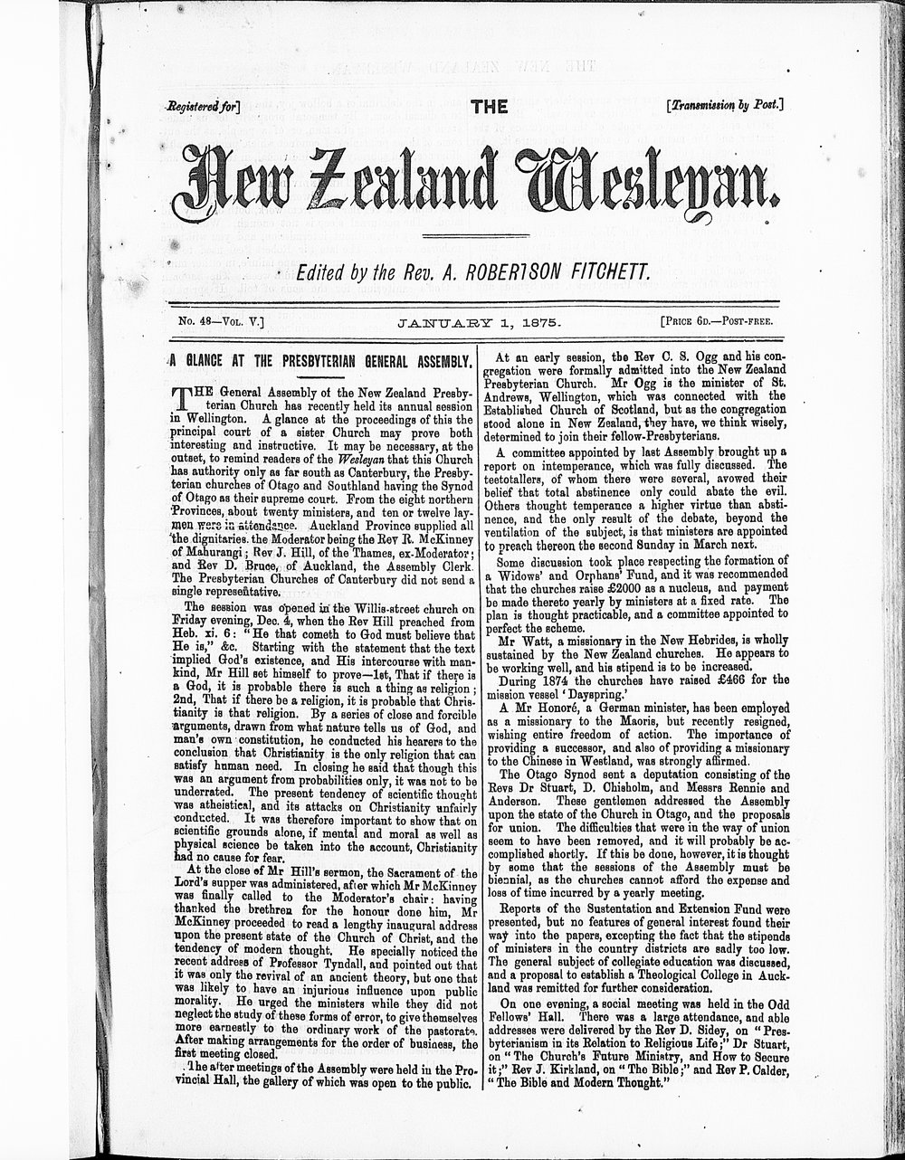 The New Zealand Wesleyan: 1st January 1875