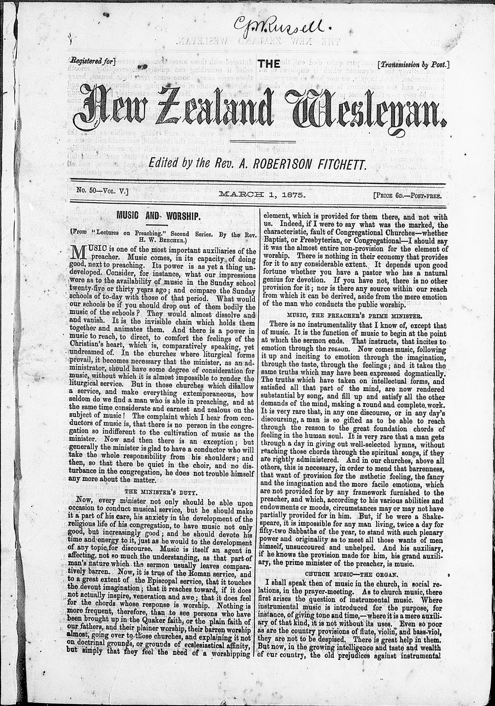 The New Zealand Wesleyan: 1st March 1875