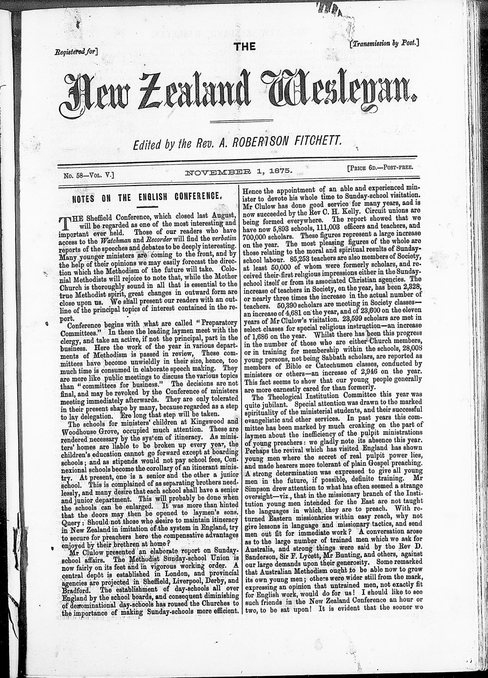 The New Zealand Wesleyan: 1st November 1875