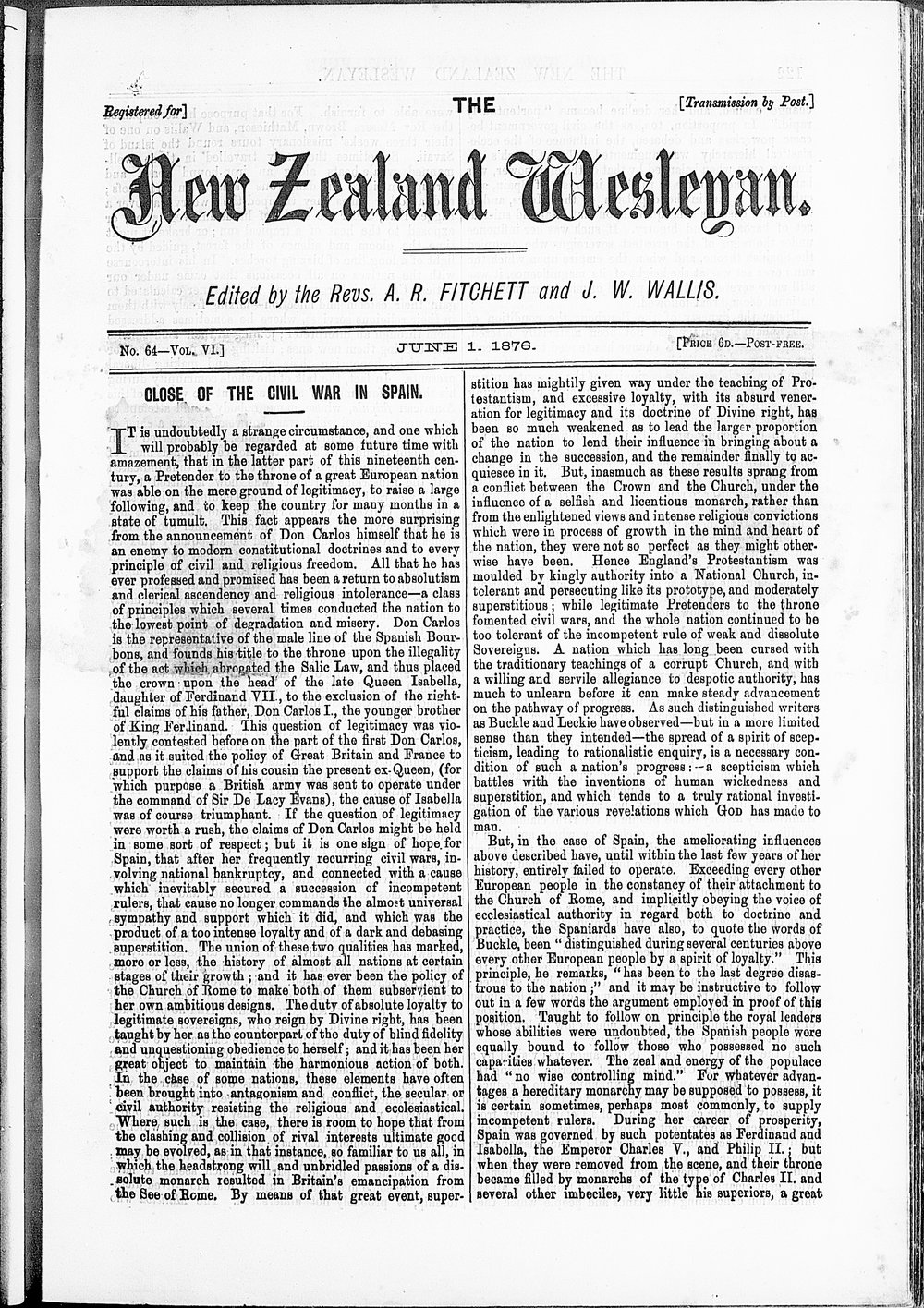 The New Zealand Wesleyan: 1st June 1876