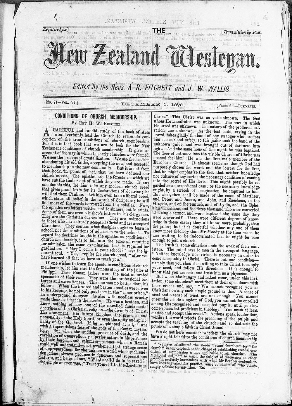 The New Zealand Wesleyan: 1st December 1876